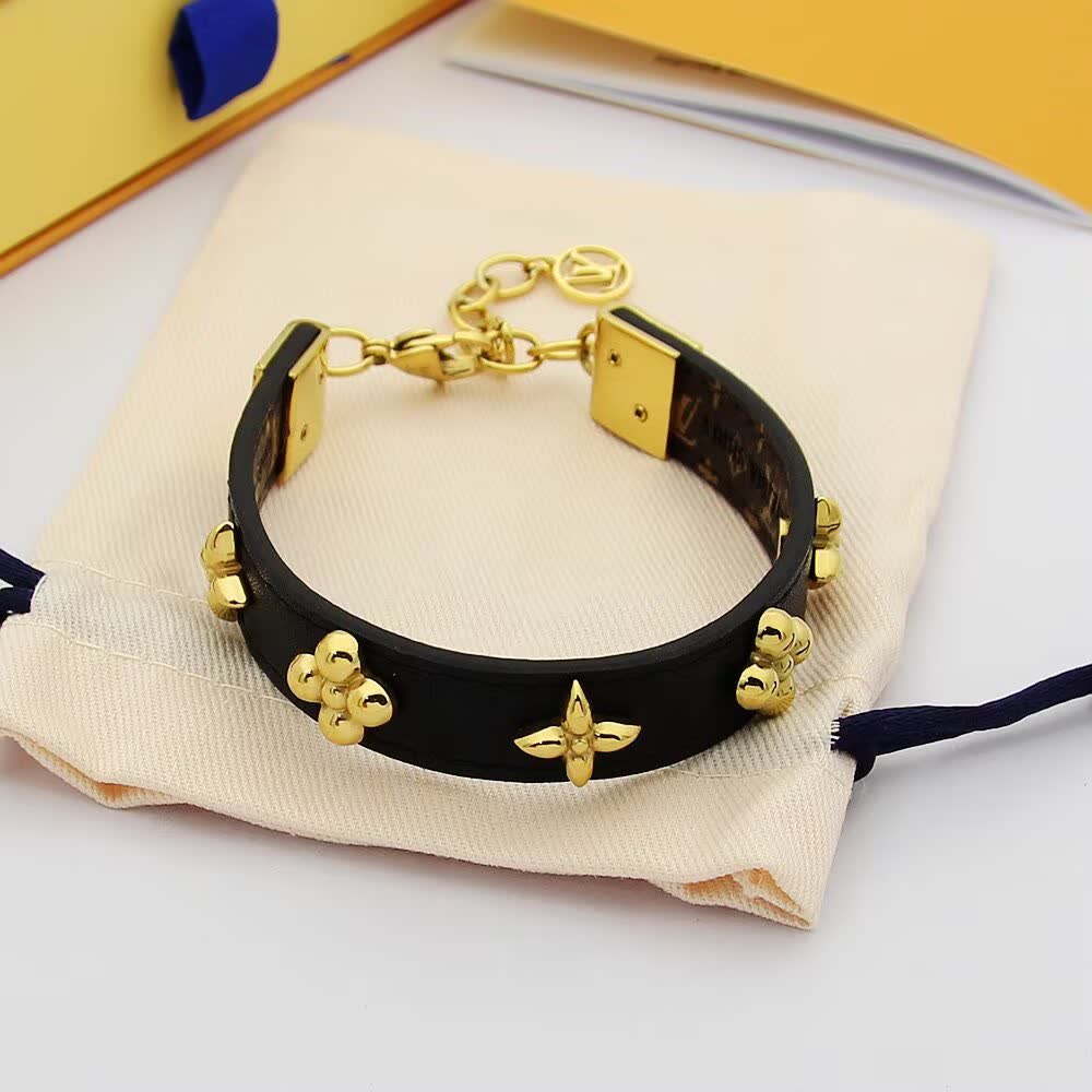 Louis Vuitton Black Leather Bracelet with Gold Accents